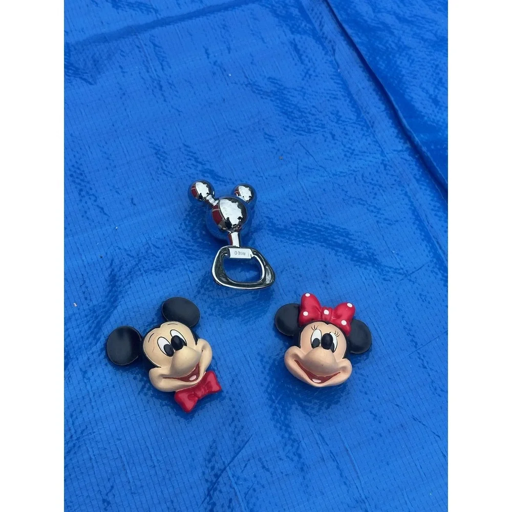 Disney Mickey Minnie Mouse Head Figurines & Chrome‎ Bottle Opener Set